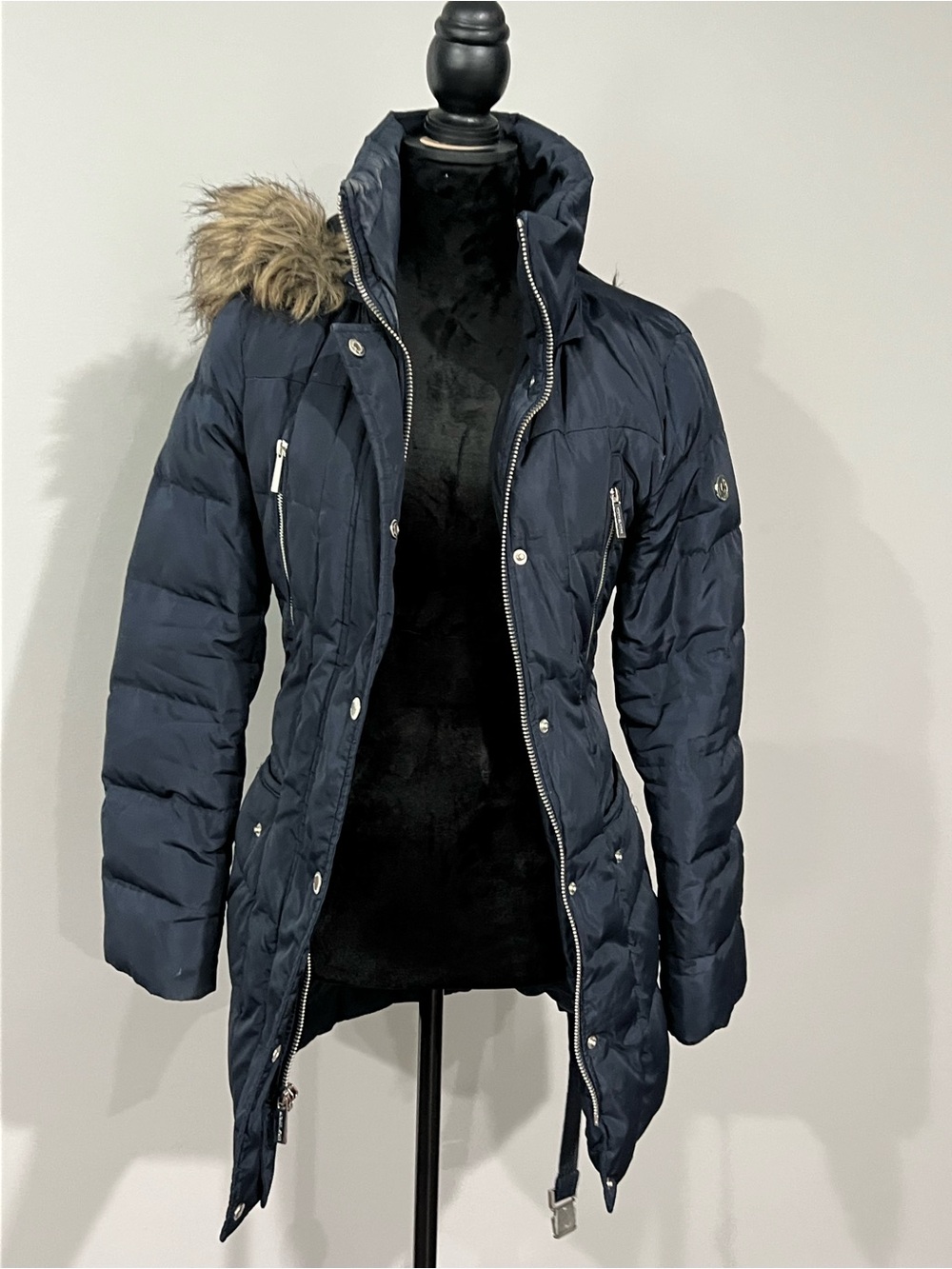 Ladies Navy Quilted Parka Coat with Faux Fur Trim